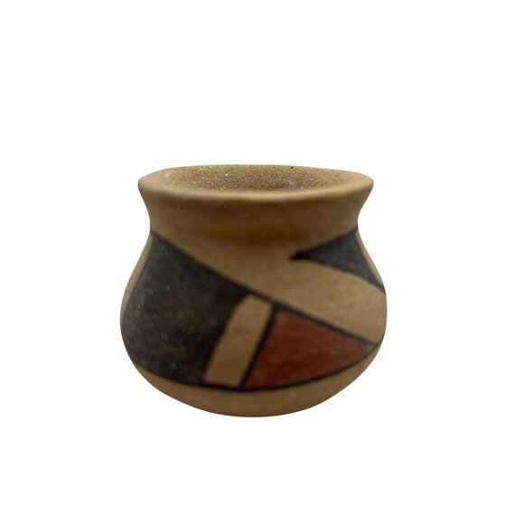 Vintage Handmade Miniature Clay Pot Geometric Painted Design Rounded Bottom - Picture 2 of 8